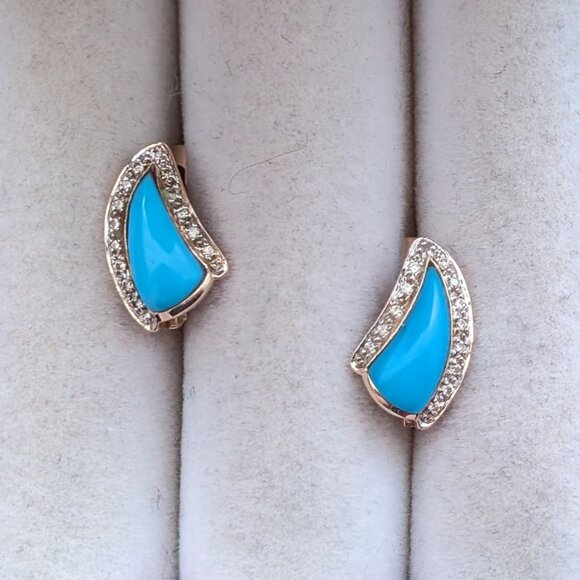 Russian Solid 14K 585 Rose Pink Gold Turquoise White Paste Stones EARRINGS - Picture 4 of 7